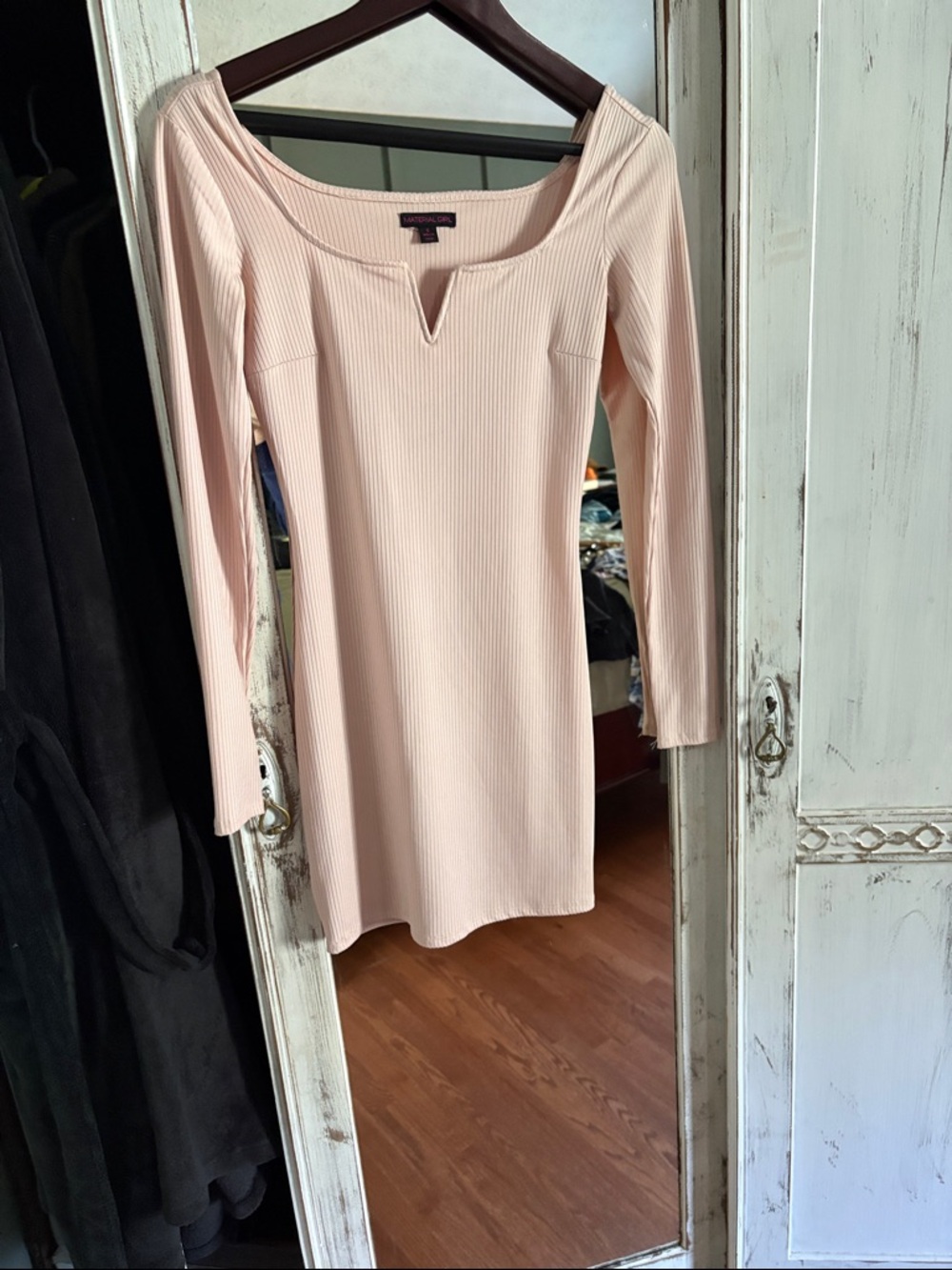 Material Girl Blush Ribbed Long Sleeve Scoop-Notch Mini Dress